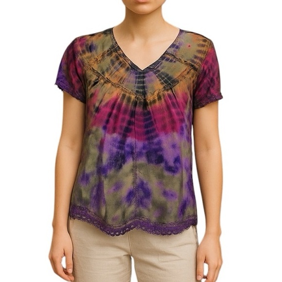 Advance Apparels Tops - Advance Apparels Medium Vibrant Tie Dye Blouse Crochet Artsy Colorful